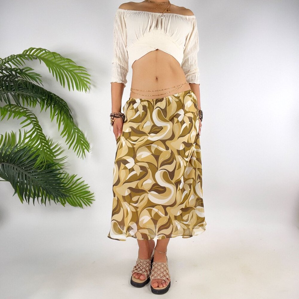 Vintage Y2K Beige Abstract Boho Hippie Low Rise Fairy Grunge Midi Skirt / 12